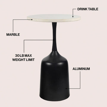 Pip 20.25" Classic Designer Metal Drink Table and Decorative End Table with White Marble Round Top and Bell Pedestal Base